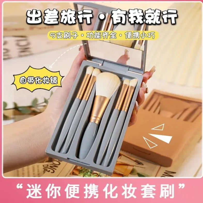2024 New 5 pieces mirror box with skylight powder brush concealer blush super soft brush boxed mini portable makeup Makeup art