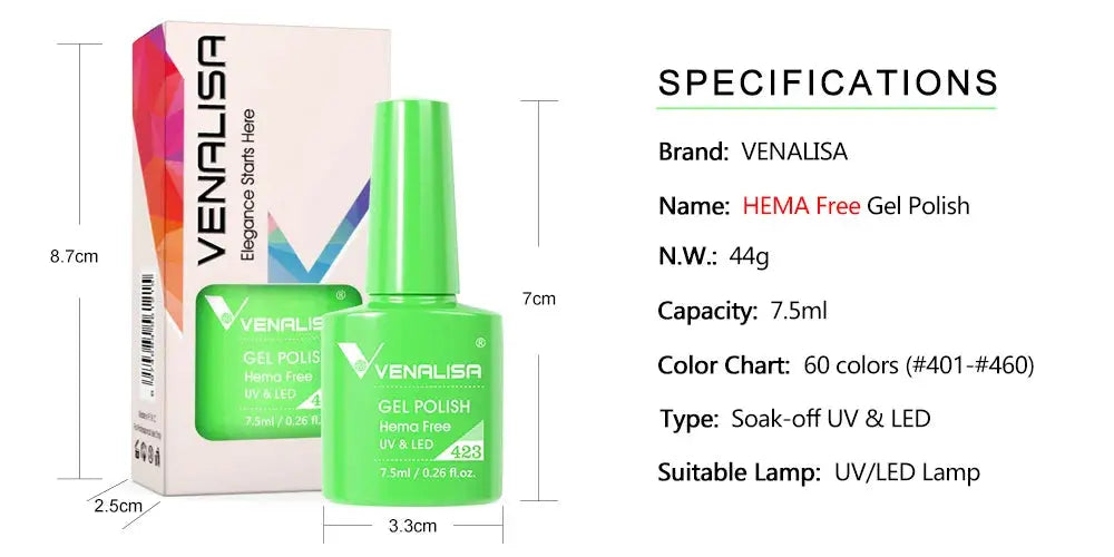 VENALISA 7.5ml Nail Gel Polish VIP5 HEMA Free Semi Permanent Soak off UV LED Nail Gel Varnish Full Coverage Nail Gel Lacquer Makeup art