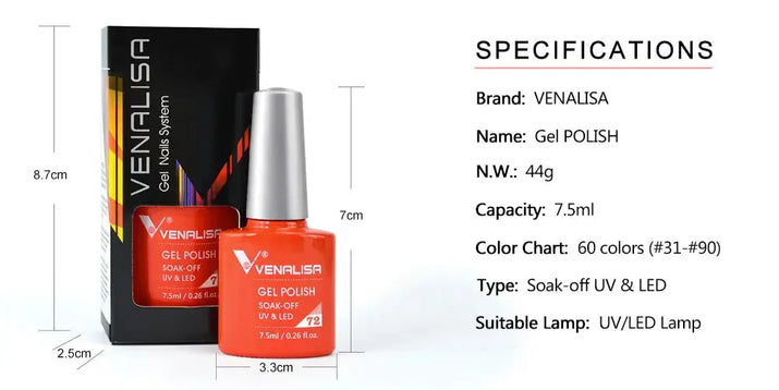 VENALISA 7.5ml Nail Gel Polish VIP5 HEMA Free Semi Permanent Soak off UV LED Nail Gel Varnish Full Coverage Nail Gel Lacquer Makeup art