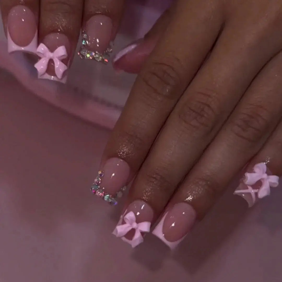 24Pcs Pink French Style Fake Nails 3D Bowknot Designs Short Square Press on Nails Sweet Korean Fashion False Nail for Women Girl Makeup art