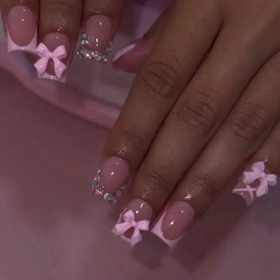 24Pcs Pink French Style Fake Nails 3D Bowknot Designs Short Square Press on Nails Sweet Korean Fashion False Nail for Women Girl Makeup art