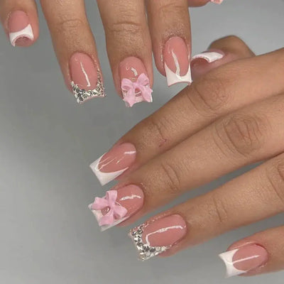 24Pcs Pink French Style Fake Nails 3D Bowknot Designs Short Square Press on Nails Sweet Korean Fashion False Nail for Women Girl Makeup art