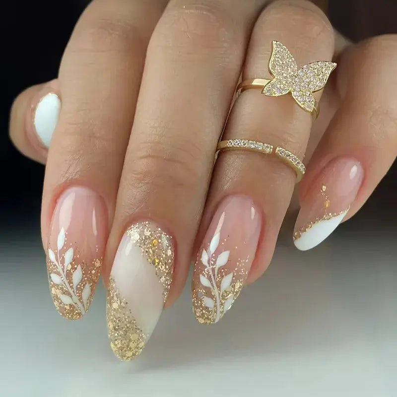 24Pcs Simple Glitter Almond False Nails with Glue Ballerina Nail Design Sweet Cool French Detachable Press on Nail Manicure Tips Makeup art