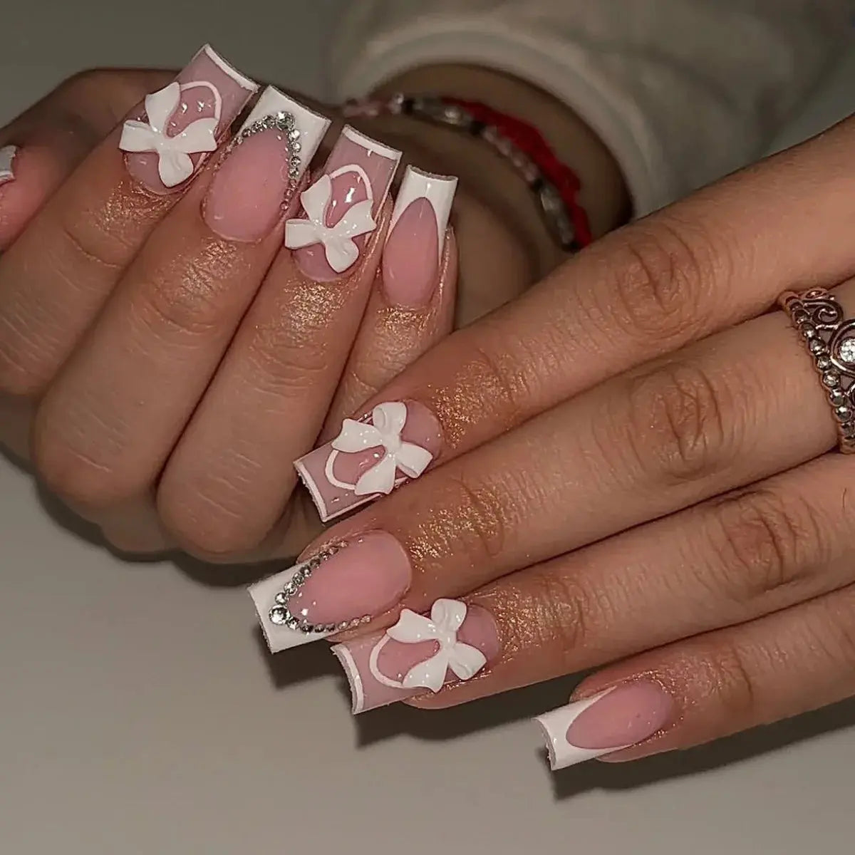 24Pcs Pink French Style Fake Nails 3D Bowknot Designs Short Square Press on Nails Sweet Korean Fashion False Nail for Women Girl Makeup art