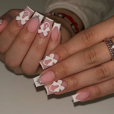 24Pcs Pink French Style Fake Nails 3D Bowknot Designs Short Square Press on Nails Sweet Korean Fashion False Nail for Women Girl Makeup art