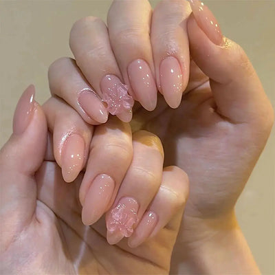 24Pcs Pink French Style Fake Nails 3D Bowknot Designs Short Square Press on Nails Sweet Korean Fashion False Nail for Women Girl Makeup art