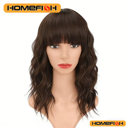 Natural Brown Wavy Bob Wig - Synthetic Curls with Bangs, Versatile Daily Hairstyle for Women Makeup art