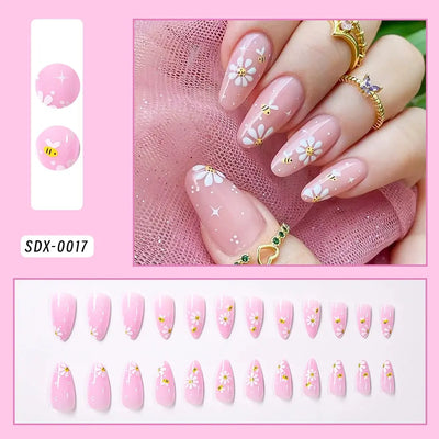 24Pcs Gold Ripple Brown Flowers False Nails with Rhinestones Pearl Design Wearable Almond False Nails Full Cover Press on Nails Makeup art
