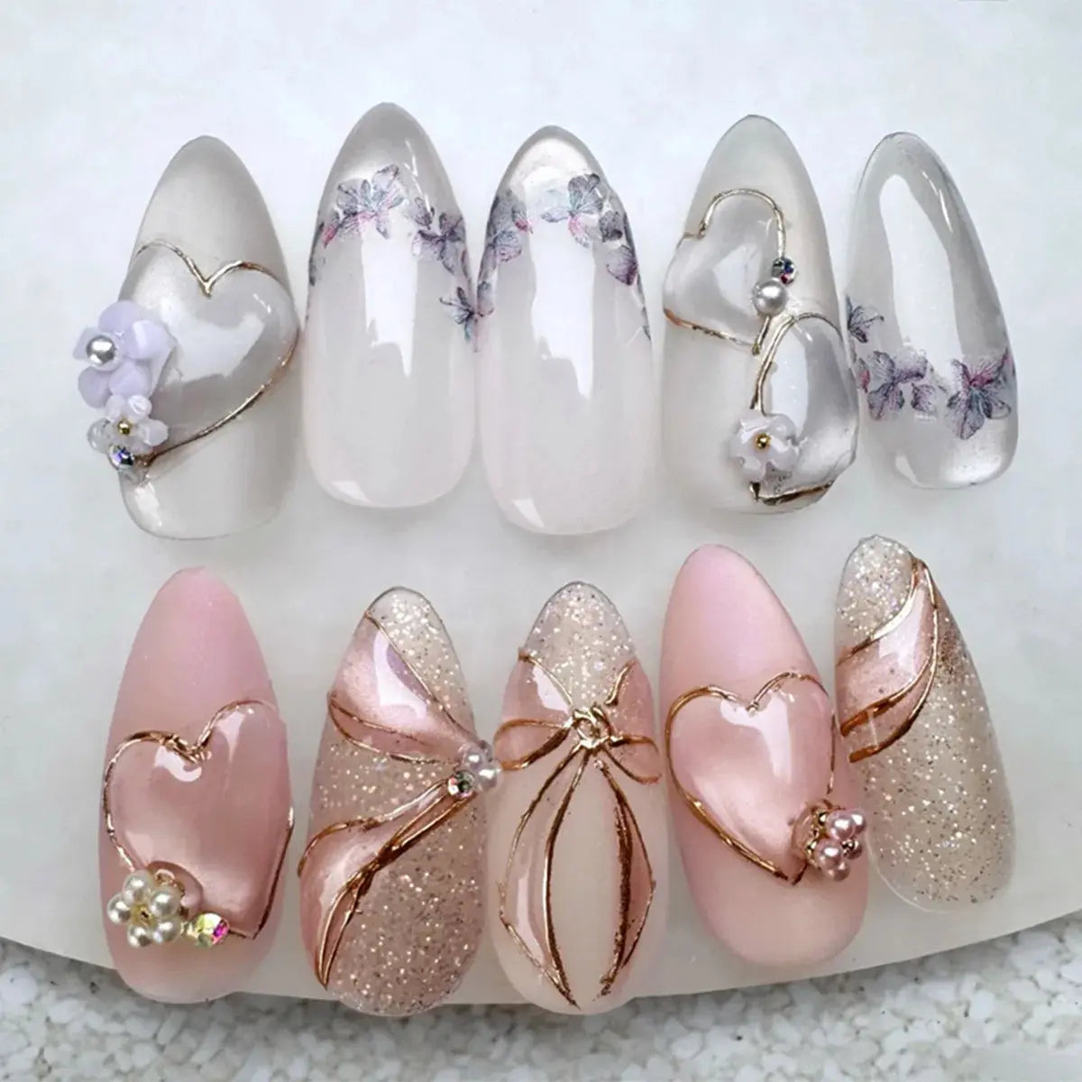24Pcs Simple Glitter Almond False Nails with Glue Ballerina Nail Design Sweet Cool French Detachable Press on Nail Manicure Tips Makeup art