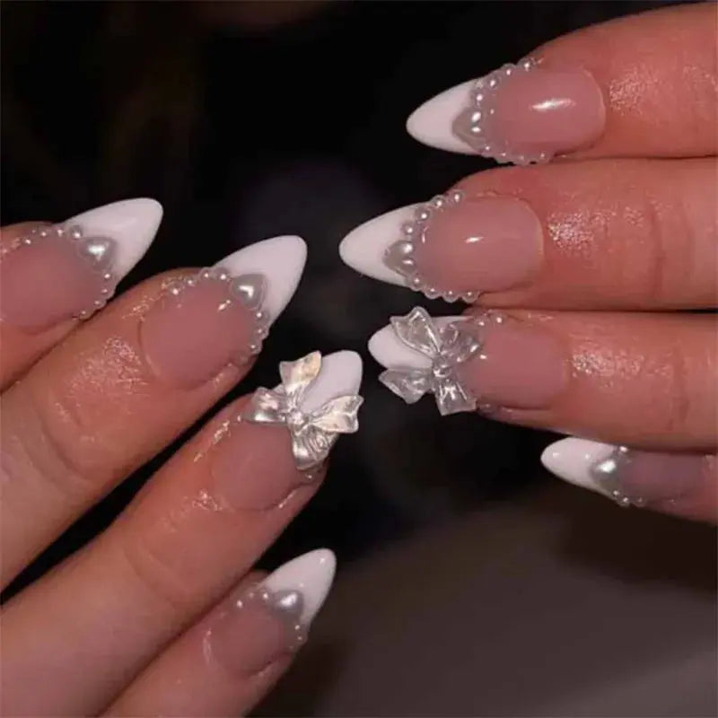 24Pcs Pink French Style Fake Nails 3D Bowknot Designs Short Square Press on Nails Sweet Korean Fashion False Nail for Women Girl Makeup art