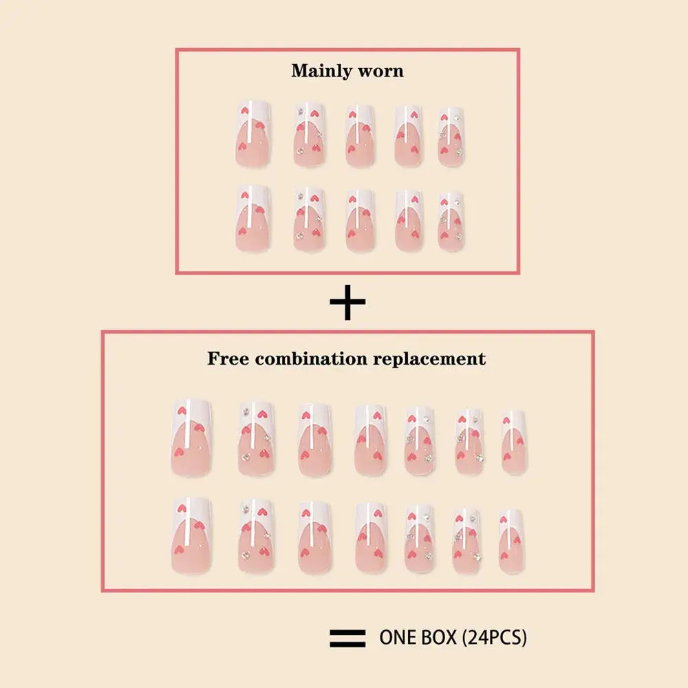 Hot New Women Girls 24Pcs Long Square Red French White Border Heart Full Coverage Wearable Fake Nail Press on Nail Art Makeup art