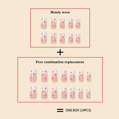 Hot New Women Girls 24Pcs Long Square Red French White Border Heart Full Coverage Wearable Fake Nail Press on Nail Art Makeup art