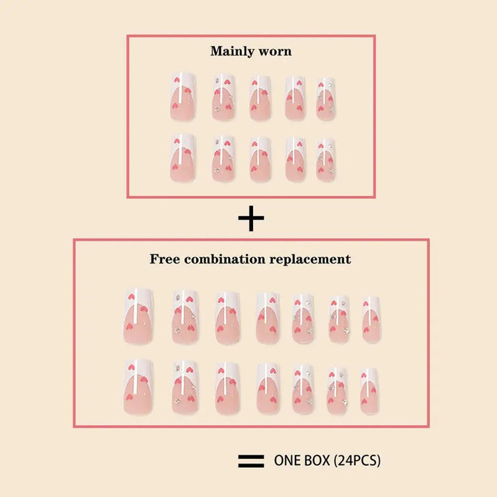 Hot New Women Girls 24Pcs Long Square Red French White Border Heart Full Coverage Wearable Fake Nail Press on Nail Art Makeup art