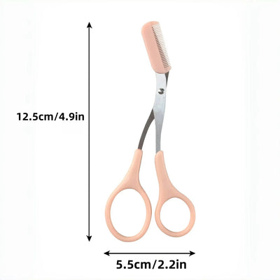 Pink eyebrow trimming scissors with built-in comb - stainless steel, precise grooming tool, creating perfect eyebrows Makeup art