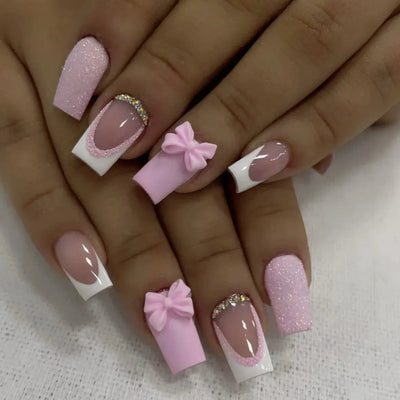 24Pcs Pink French Style Fake Nails 3D Bowknot Designs Short Square Press on Nails Sweet Korean Fashion False Nail for Women Girl Makeup art