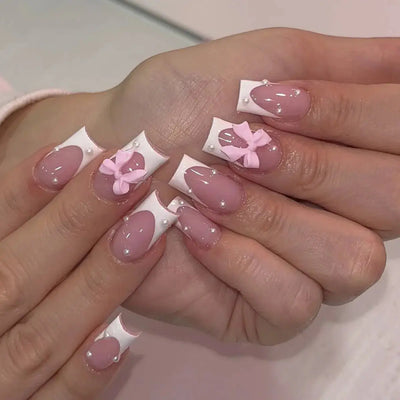 24Pcs Pink French Style Fake Nails 3D Bowknot Designs Short Square Press on Nails Sweet Korean Fashion False Nail for Women Girl Makeup art