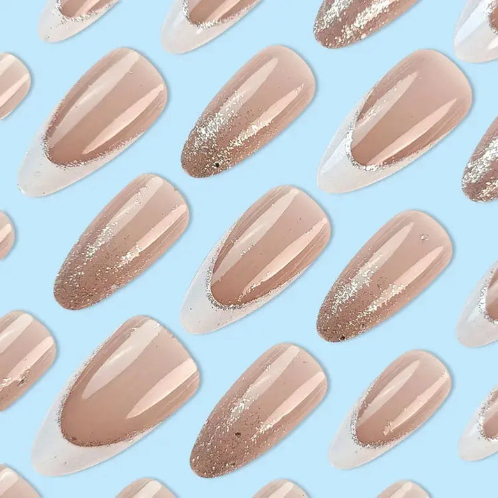 24Pcs Simple Glitter Almond False Nails with Glue Ballerina Nail Design Sweet Cool French Detachable Press on Nail Manicure Tips Makeup art