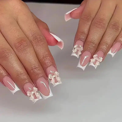 24Pcs Pink French Style Fake Nails 3D Bowknot Designs Short Square Press on Nails Sweet Korean Fashion False Nail for Women Girl Makeup art