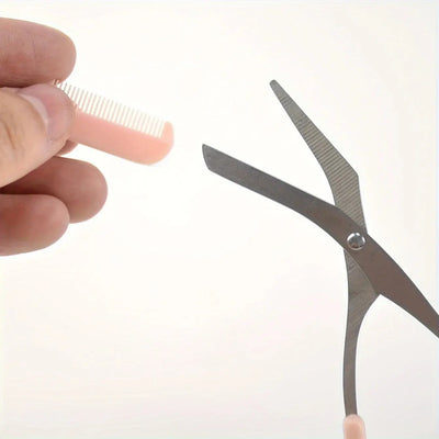 Pink eyebrow trimming scissors with built-in comb - stainless steel, precise grooming tool, creating perfect eyebrows Makeup art