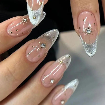 24Pcs Simple Glitter Almond False Nails with Glue Ballerina Nail Design Sweet Cool French Detachable Press on Nail Manicure Tips Makeup art