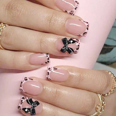 24Pcs Pink French Style Fake Nails 3D Bowknot Designs Short Square Press on Nails Sweet Korean Fashion False Nail for Women Girl Makeup art
