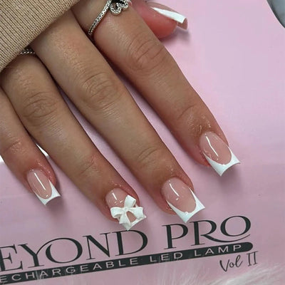 24Pcs Pink French Style Fake Nails 3D Bowknot Designs Short Square Press on Nails Sweet Korean Fashion False Nail for Women Girl Makeup art