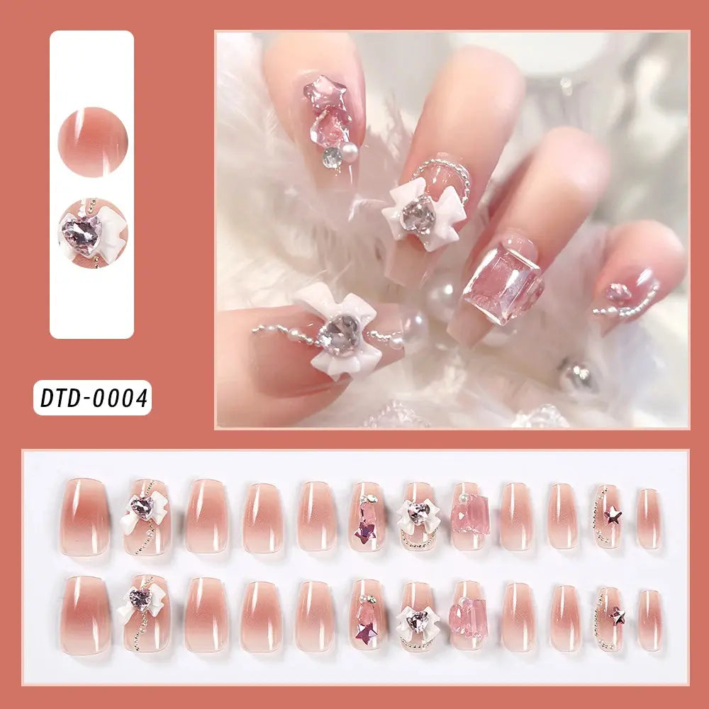 24Pcs Gold Ripple Brown Flowers False Nails with Rhinestones Pearl Design Wearable Almond False Nails Full Cover Press on Nails Makeup art