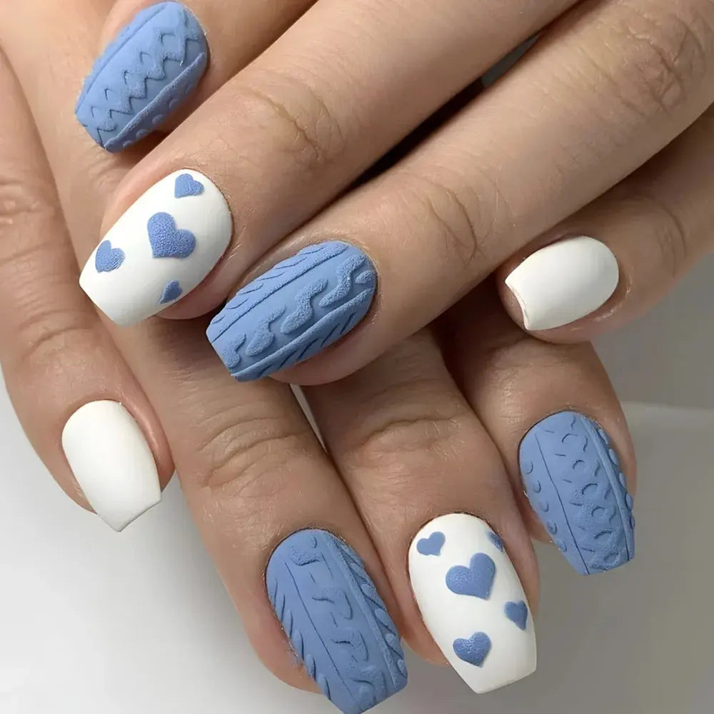 24pcs Blue Love Design Press on Nails Simple 3D Fashion Valentine’s Day Short Ballet False Nails Datachable Square Fake Nail Set Makeup art