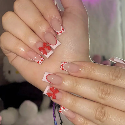 24Pcs Pink French Style Fake Nails 3D Bowknot Designs Short Square Press on Nails Sweet Korean Fashion False Nail for Women Girl Makeup art