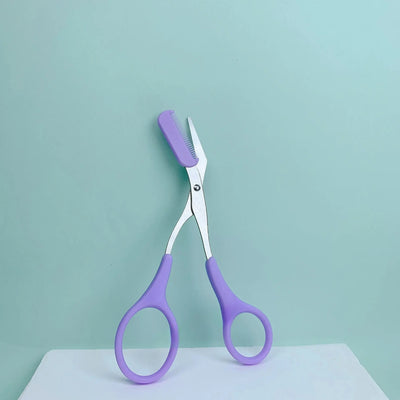 Pink eyebrow trimming scissors with built-in comb - stainless steel, precise grooming tool, creating perfect eyebrows Makeup art