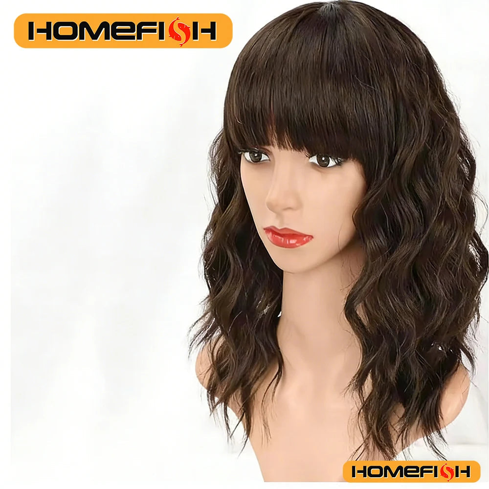 Natural Brown Wavy Bob Wig - Synthetic Curls with Bangs, Versatile Daily Hairstyle for Women Makeup art