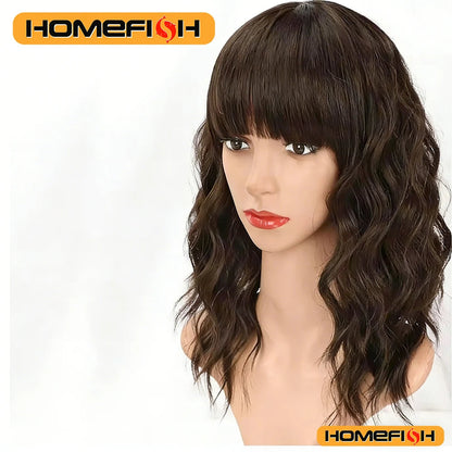 Natural Brown Wavy Bob Wig - Synthetic Curls with Bangs, Versatile Daily Hairstyle for Women Makeup art