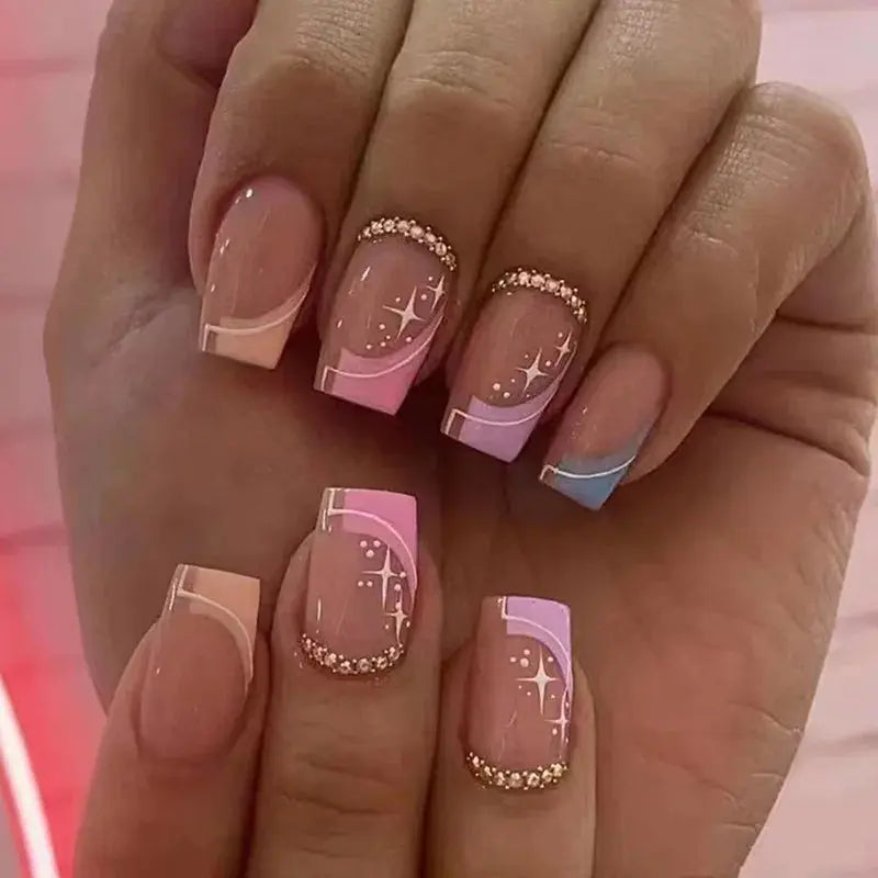 24pcs Blue Love Design Press on Nails Simple 3D Fashion Valentine’s Day Short Ballet False Nails Datachable Square Fake Nail Set Makeup art