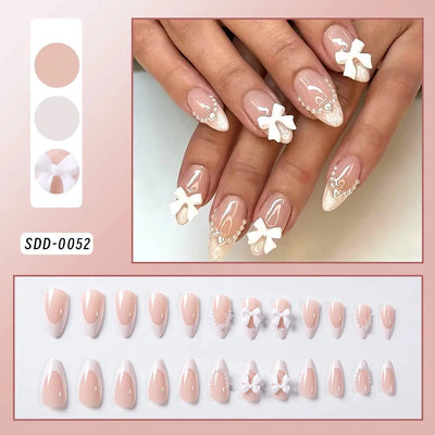 24Pcs Gold Ripple Brown Flowers False Nails with Rhinestones Pearl Design Wearable Almond False Nails Full Cover Press on Nails Makeup art