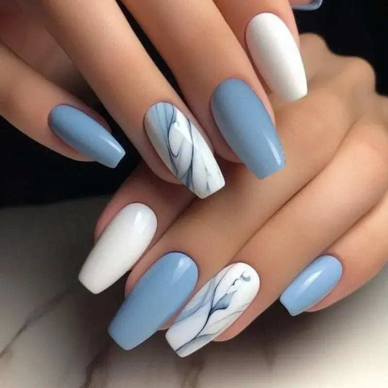 24pcs Blue Love Design Press on Nails Simple 3D Fashion Valentine’s Day Short Ballet False Nails Datachable Square Fake Nail Set Makeup art