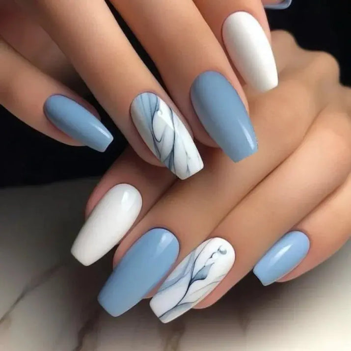 24pcs Blue Love Design Press on Nails Simple 3D Fashion Valentine’s Day Short Ballet False Nails Datachable Square Fake Nail Set Makeup art