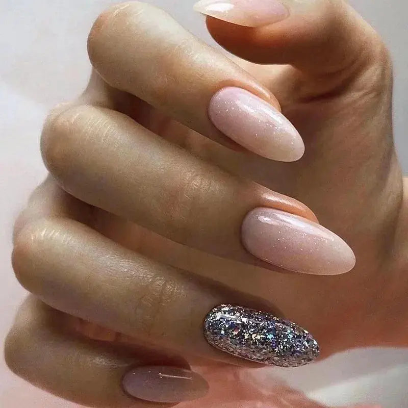 24Pcs Simple Glitter Almond False Nails with Glue Ballerina Nail Design Sweet Cool French Detachable Press on Nail Manicure Tips Makeup art