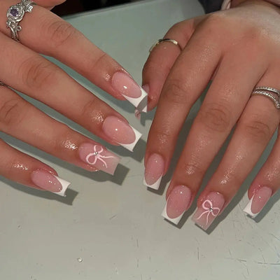 24Pcs Pink French Style Fake Nails 3D Bowknot Designs Short Square Press on Nails Sweet Korean Fashion False Nail for Women Girl Makeup art