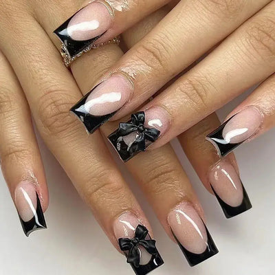 24Pcs Pink French Style Fake Nails 3D Bowknot Designs Short Square Press on Nails Sweet Korean Fashion False Nail for Women Girl Makeup art