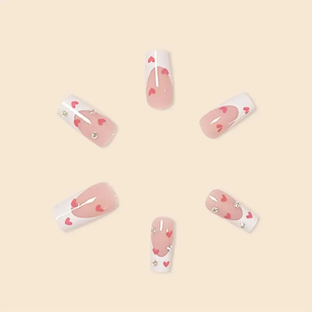 Hot New Women Girls 24Pcs Long Square Red French White Border Heart Full Coverage Wearable Fake Nail Press on Nail Art Makeup art