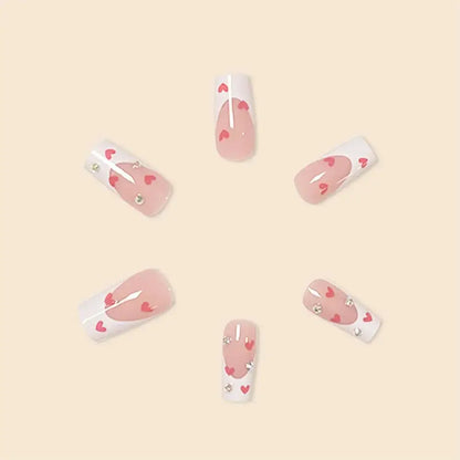 Hot New Women Girls 24Pcs Long Square Red French White Border Heart Full Coverage Wearable Fake Nail Press on Nail Art Makeup art