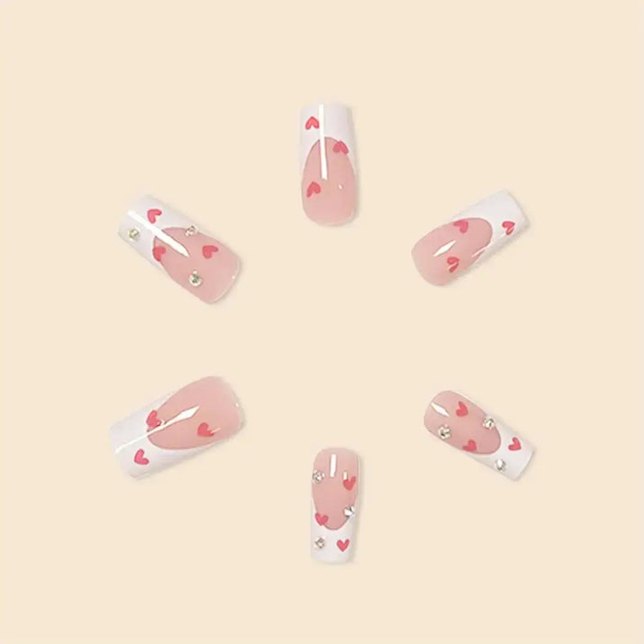 Hot New Women Girls 24Pcs Long Square Red French White Border Heart Full Coverage Wearable Fake Nail Press on Nail Art Makeup art