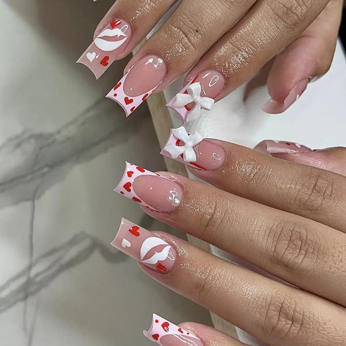 24Pcs Pink French Style Fake Nails 3D Bowknot Designs Short Square Press on Nails Sweet Korean Fashion False Nail for Women Girl Makeup art