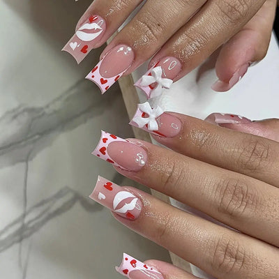 24Pcs Pink French Style Fake Nails 3D Bowknot Designs Short Square Press on Nails Sweet Korean Fashion False Nail for Women Girl Makeup art