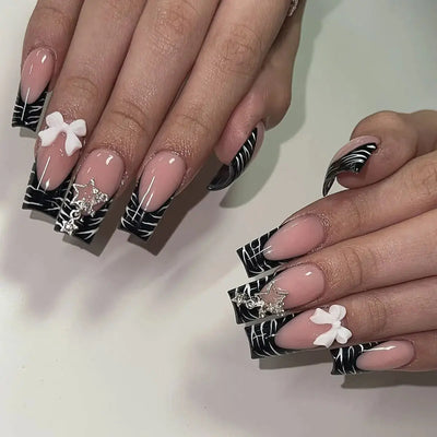 24Pcs Pink French Style Fake Nails 3D Bowknot Designs Short Square Press on Nails Sweet Korean Fashion False Nail for Women Girl Makeup art