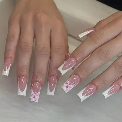 24Pcs Pink French Style Fake Nails 3D Bowknot Designs Short Square Press on Nails Sweet Korean Fashion False Nail for Women Girl Makeup art