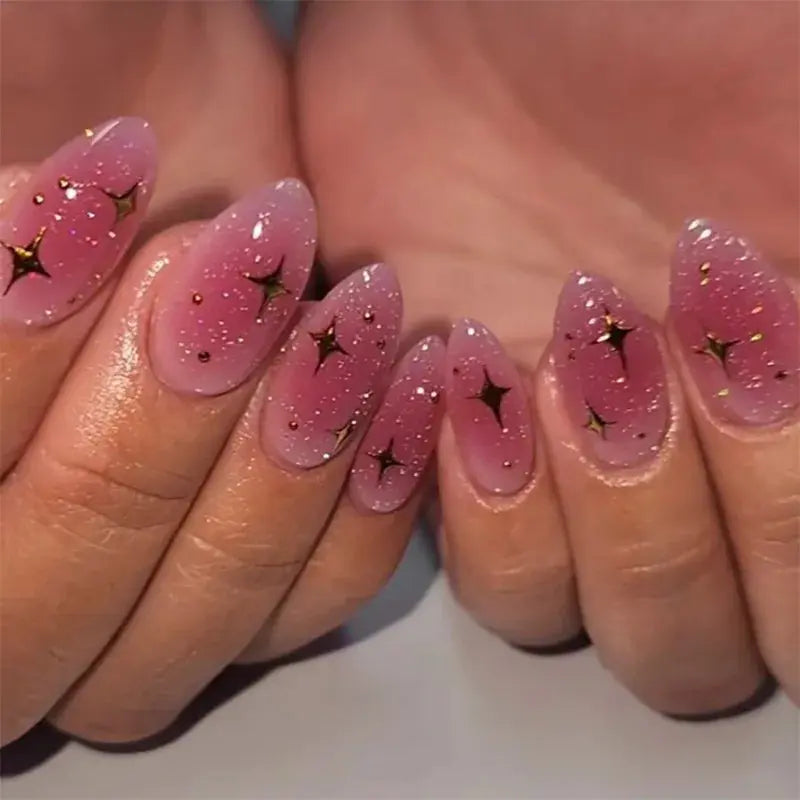 24Pcs Simple Glitter Almond False Nails with Glue Ballerina Nail Design Sweet Cool French Detachable Press on Nail Manicure Tips Makeup art