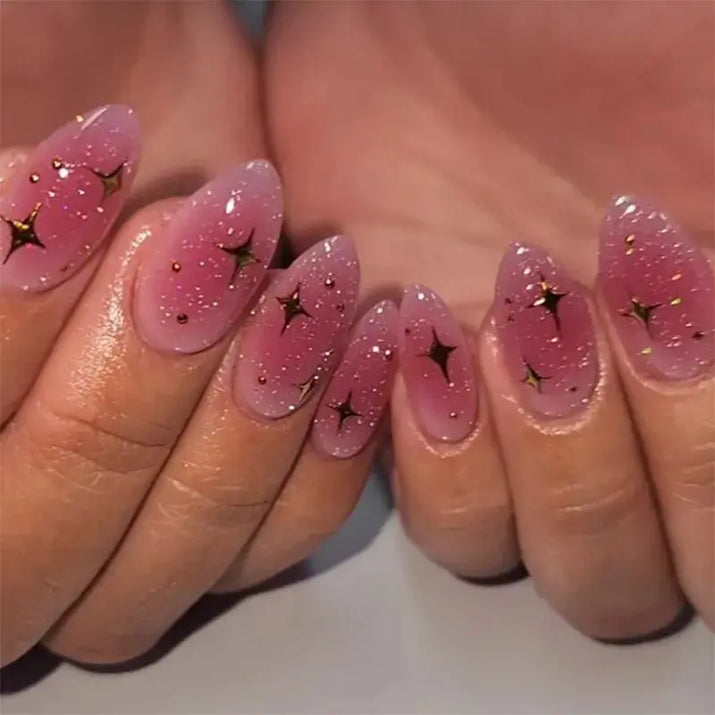 24Pcs Simple Glitter Almond False Nails with Glue Ballerina Nail Design Sweet Cool French Detachable Press on Nail Manicure Tips Makeup art