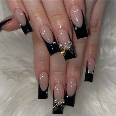 24Pcs Pink French Style Fake Nails 3D Bowknot Designs Short Square Press on Nails Sweet Korean Fashion False Nail for Women Girl Makeup art