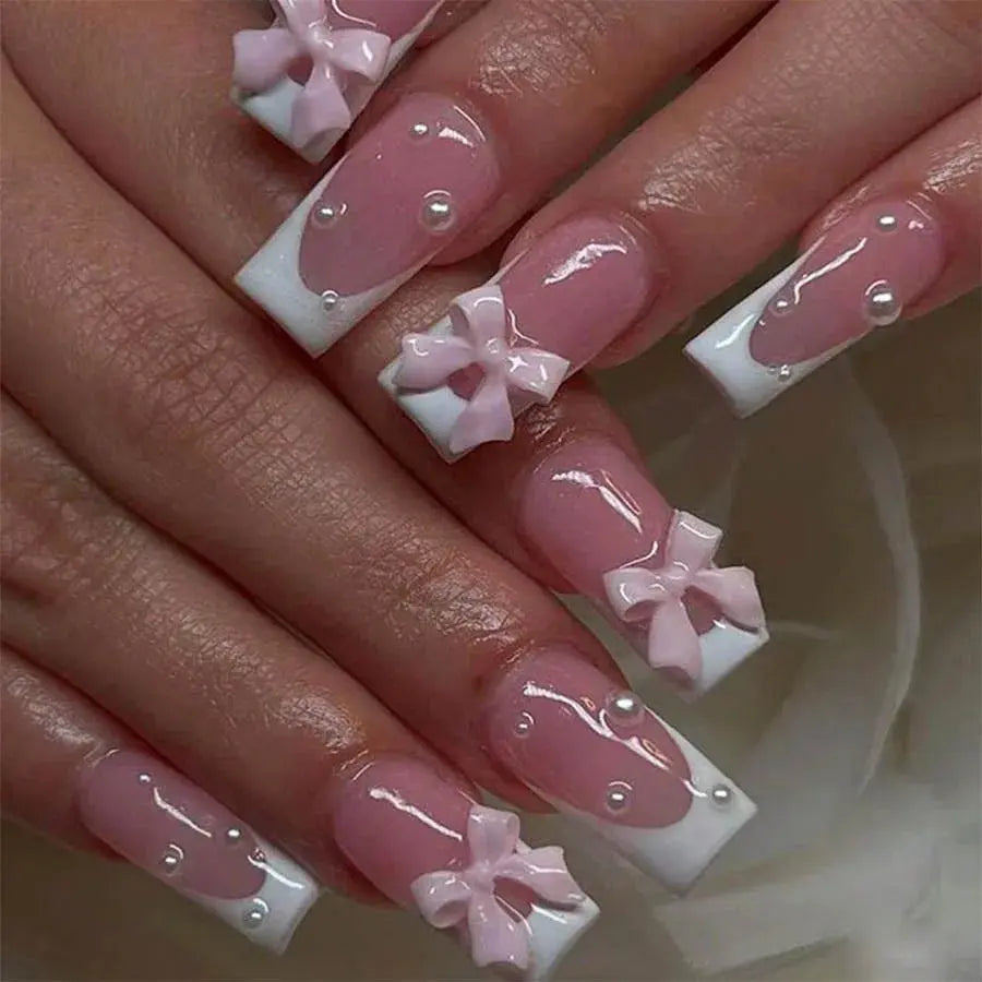 24Pcs Pink French Style Fake Nails 3D Bowknot Designs Short Square Press on Nails Sweet Korean Fashion False Nail for Women Girl Makeup art